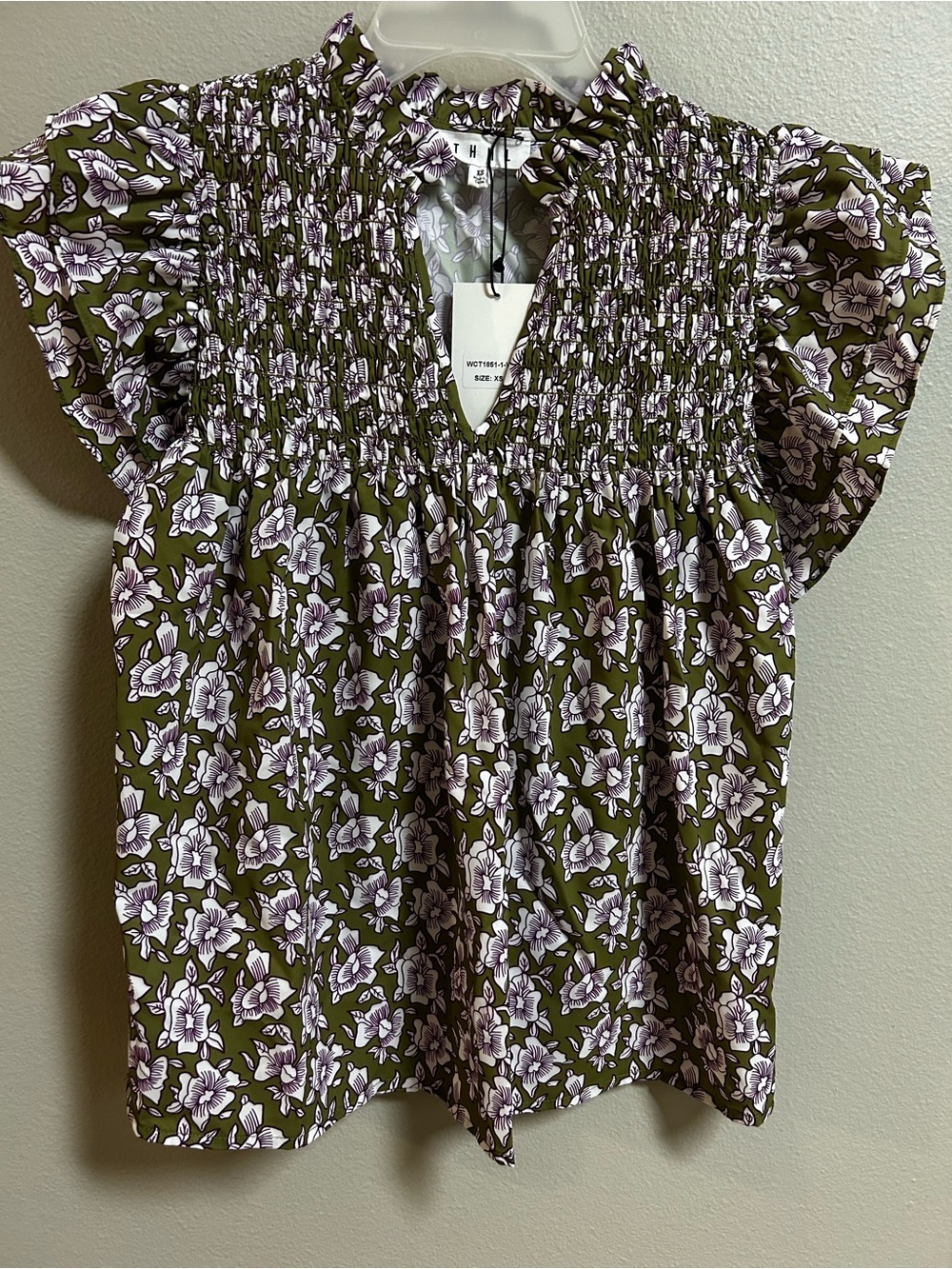 THML Floral Smocked Flutter Sleeve Blouse XS Olive Green NWT